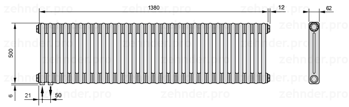 Схема (чертеж) Радиатор Zehnder Charleston 2050/30 №3370 Белый глянцевый RAL 9016